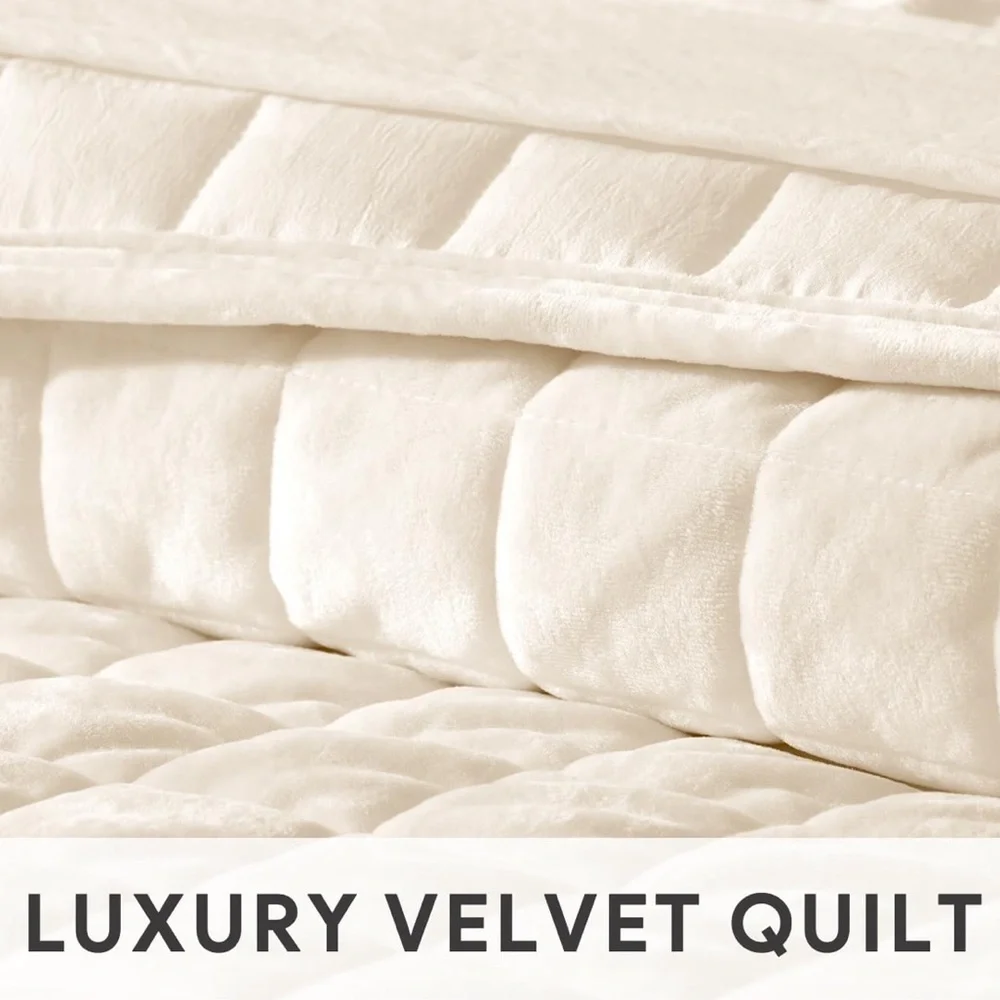🆕 PB Style Cream Velvet Quilt Set White Luxury Coverlet Queen Down Alternative